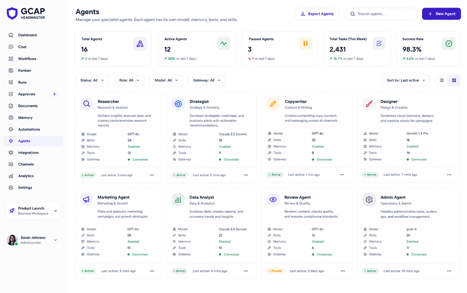 Agents page showing specialist profiles with models, memory, skills, and tools.