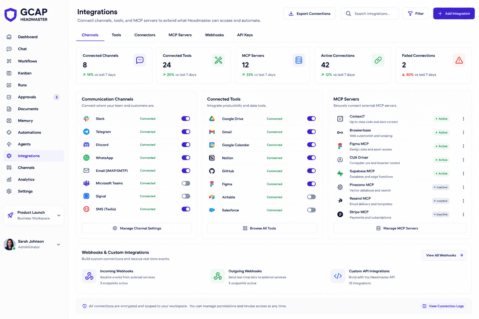 Integrations screen showing channels, connectors, tool servers, webhooks, and API keys.