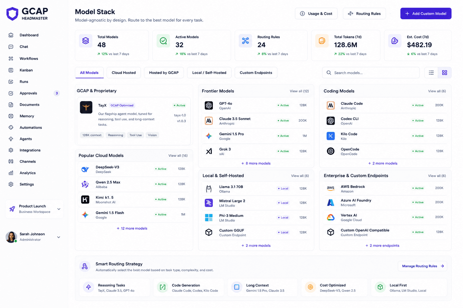 Model stack screen showing cloud models, coding models, local models, enterprise endpoints, and TayX.