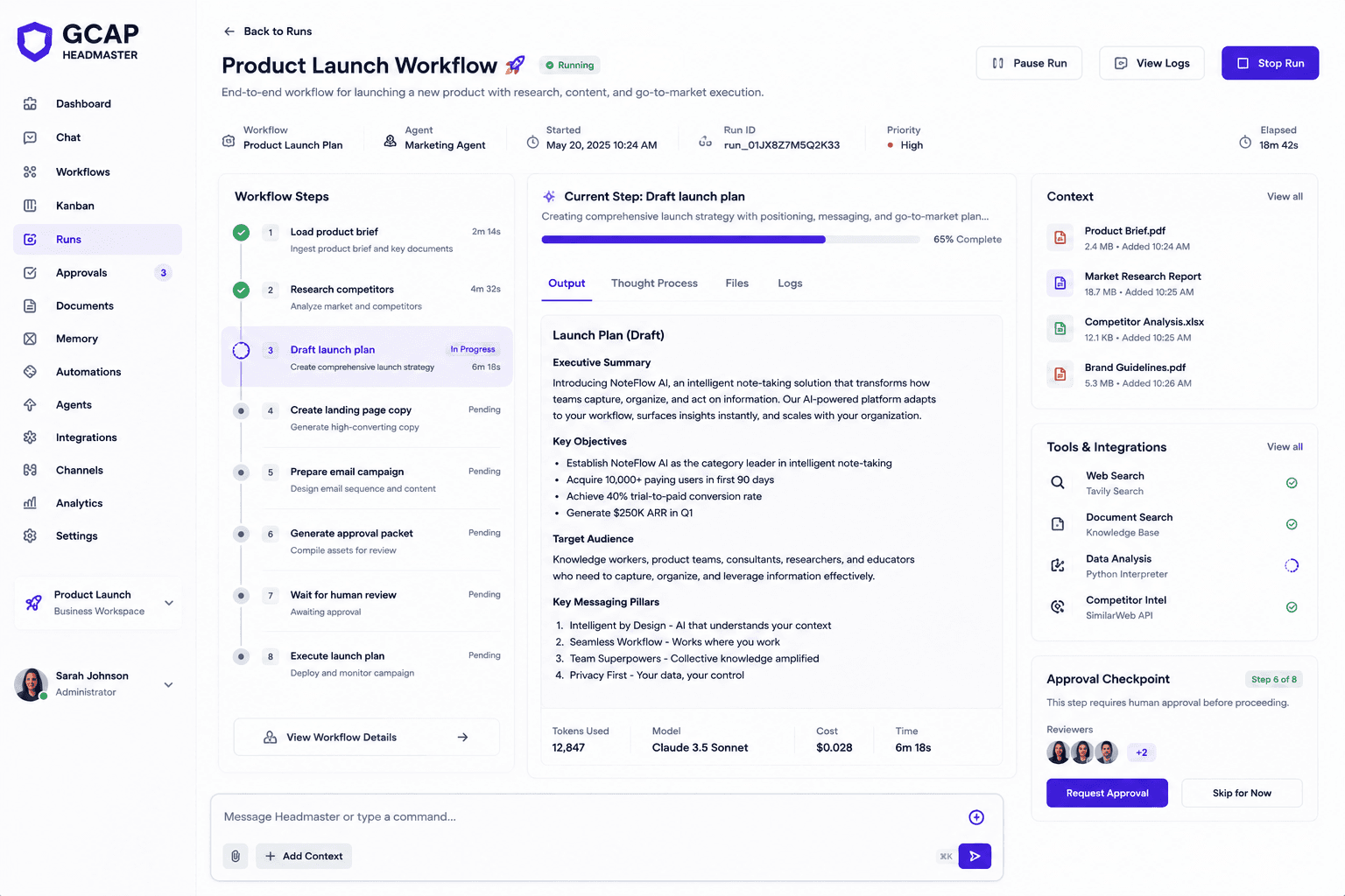 Guided workflow run showing context, tools, output preview, and an approval checkpoint.